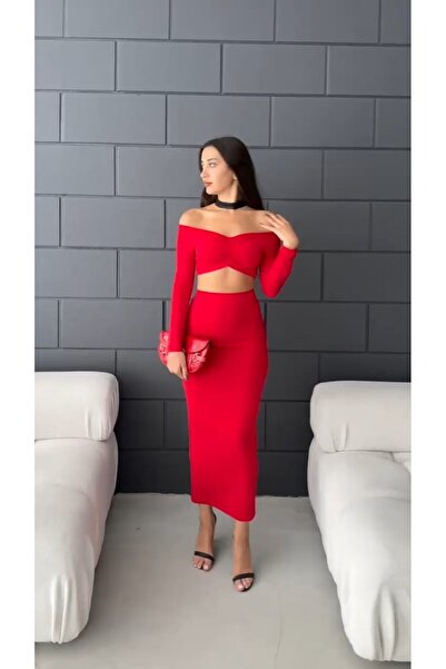 Fav Style Red Women's Crop Blouse and Long Skirt Set - Boat Neck, Long Sleeve, Drawstring