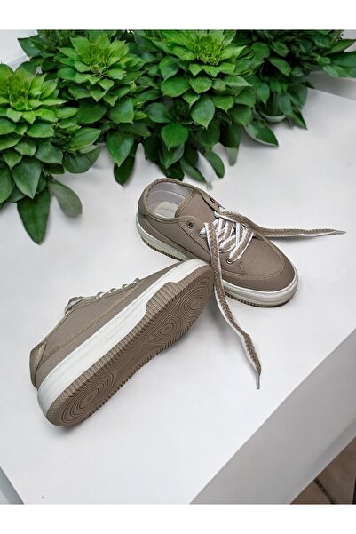 LANDSHOES Kadın Yüksek Taban Sneaker Keten Kumaş Bağcıklı Spor Ayakkabı