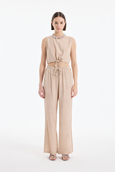 Quzu Beli Lastikli Desenli Bol Paça Pantolon Bej