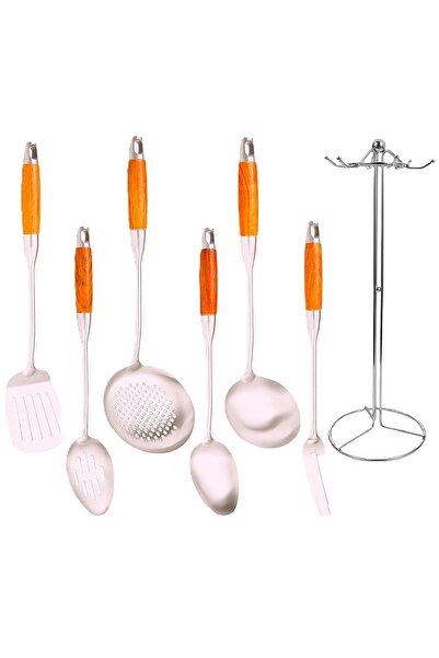 ELEGANT HOME طقم ملاعق طبخ من الفولاذ المقاوم للصدأ بمقبض خشبي وحامل - 7 قطع