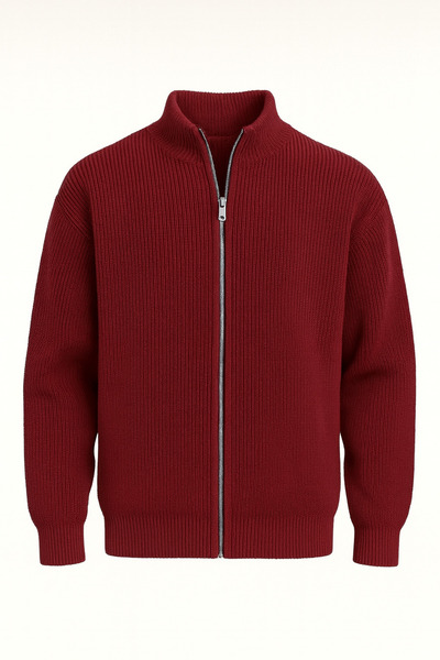 Valiberta Woody Oversize Thessaloniki Knitted Zippered Men's Cardigan - Burgundy