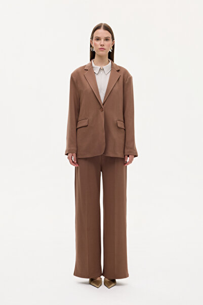 Quzu Tek Düğmeli Yumuşak Dokulu Oversize Blazer Ceket Kahverengi