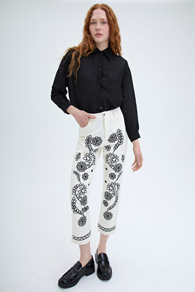 Quzu Штани з вишивкою на високій талії - Екрю