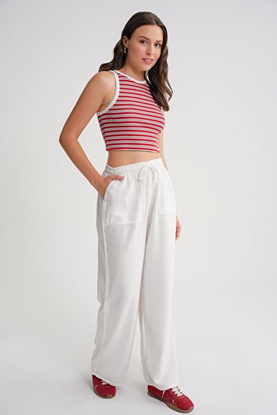 Mixray 4629 Women's Wide Leg High Waist Viscose Palazzo Pants White