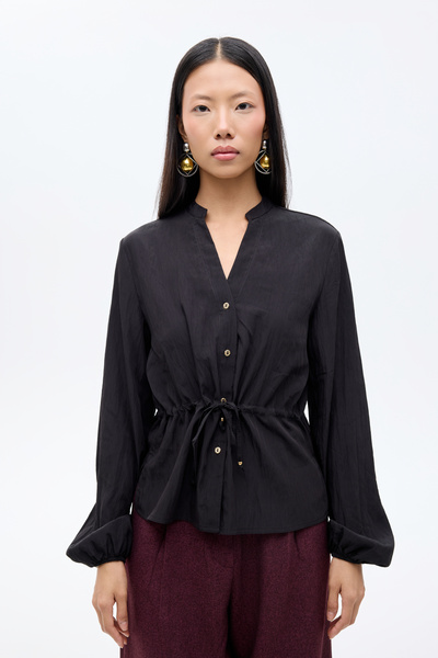 Quzu Сорочка з шорсткою фактурою, з поясом і ґудзиками, чорна