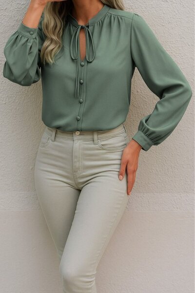 MODA Eyesof Women's Long Sleeve Collared Lace-Up Buttoned Sandy Blouse