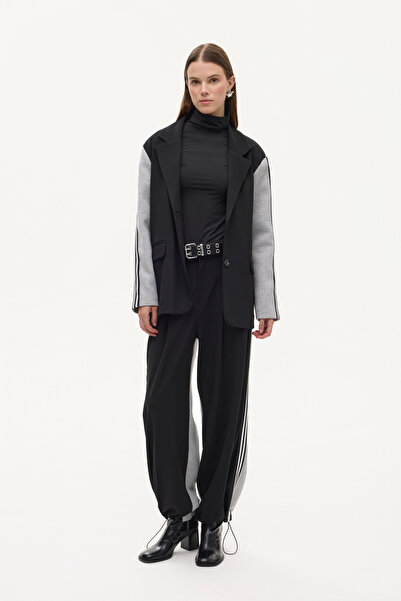 Quzu Şerit Detaylı Garnili Oversize Blazer Ceket Siyah