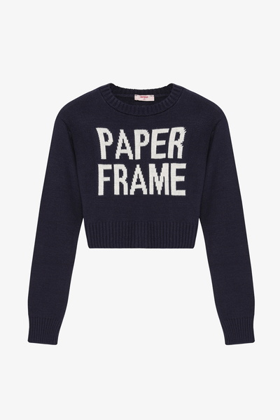 Quzu Paper Frame Писана трикотажна блуза с къс ръкав, тъмно син