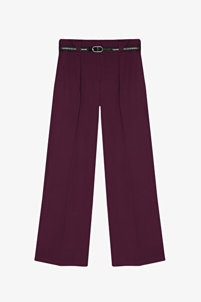 Quzu Belt Detailed High Waist Wide Leg Pants Plum