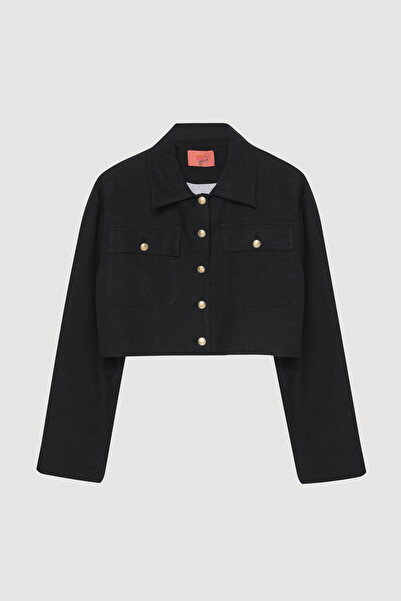 Quzu Buttoned Short Jacket with Large Pockets Navy Blue