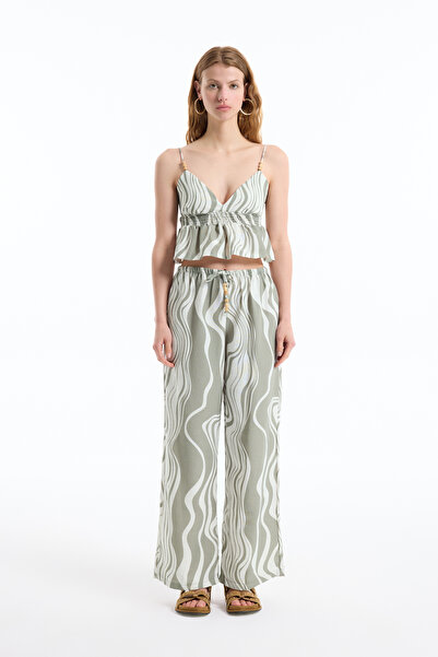 Quzu Beaded Strap Gipeli Crop Linen Blouse Khaki