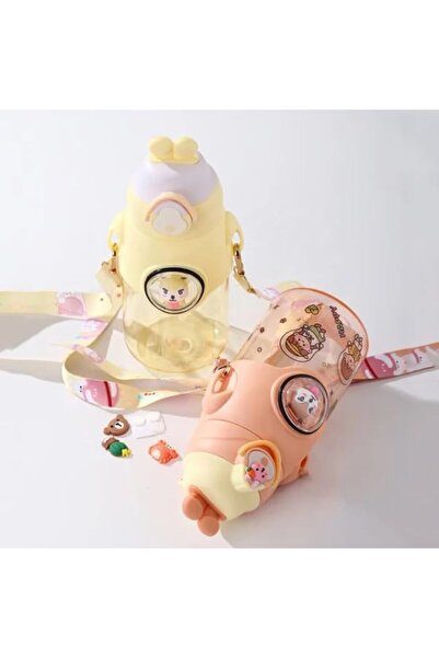 Twisoo Cute Rabbit Cartoon Kids Water Bottle with Straw and Adjustable Strap 500ml (Yellow)