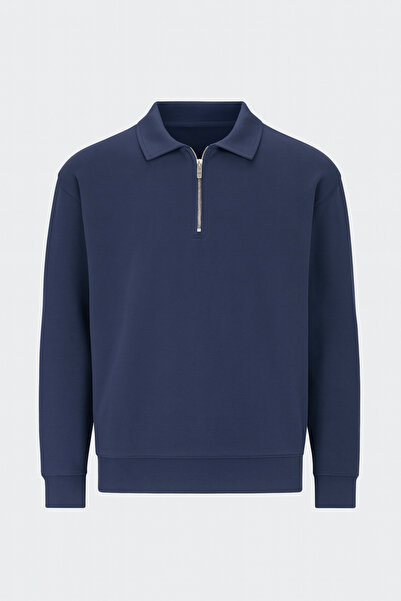 Valiberta Мъжка блуза с поло яка, отворена до половината, от модален плат, с удобна кройка - тъмно синьо