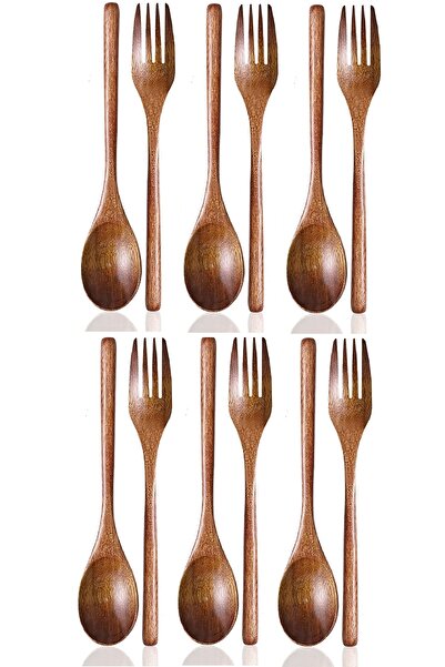 ELEGANT HOME مجموعة 12 قطعة من 6 ملاعق و6 شوك حساء خشبية للحفلات والاستخدام ا...