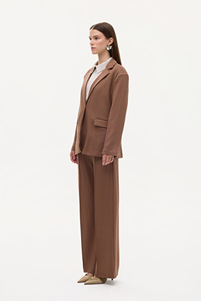 Quzu Tek Düğmeli Yumuşak Dokulu Oversize Blazer Ceket Kahverengi