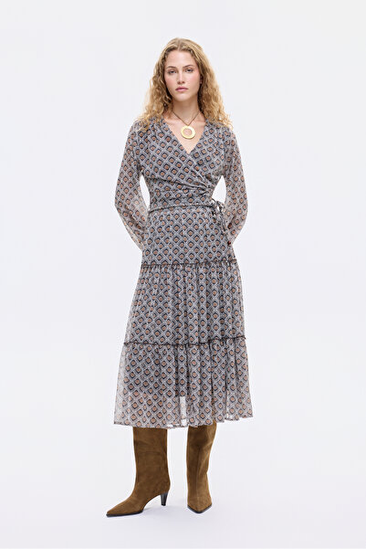 Quzu Retro Geometrik Desenli Beli Bağcık Detaylı Midi Etek Kahverengi