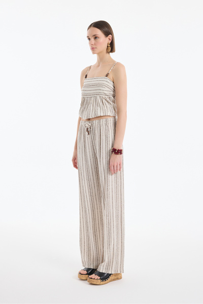 Quzu Pantaloni din in texturat cu dungi fine și șnur, culoare naturală