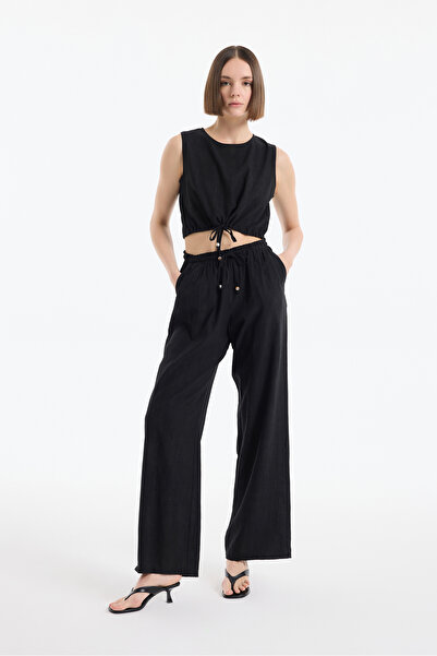 Quzu Beli Lastikli Desenli Bol Paça Pantolon Siyah