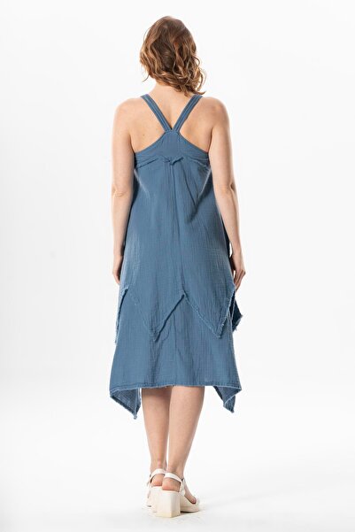 Eliş Şile Bezi Καλοκαιρινό φόρεμα με λαιμόκοψη Leyla Asymmetric Cut Midi Size Muslin Indigo indg