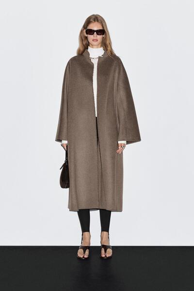 Massimo Dutti Uzun açık yün karışımlı kaban