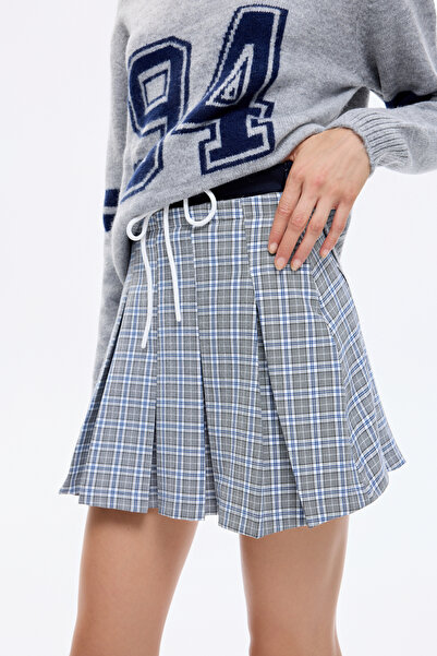 Quzu Ekose Beli Bağcıklı Pileli Mini Etek Gri