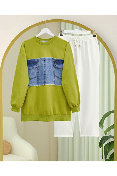Modamorfo Round Neck Sweatshirt with Denim Pocket Detail on the Front - Oil Green
