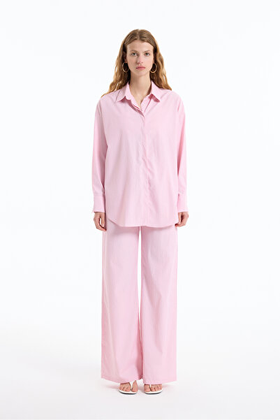 Quzu Beli Lastikli İnce Çizgili Geniş Paça Pantolon Pembe