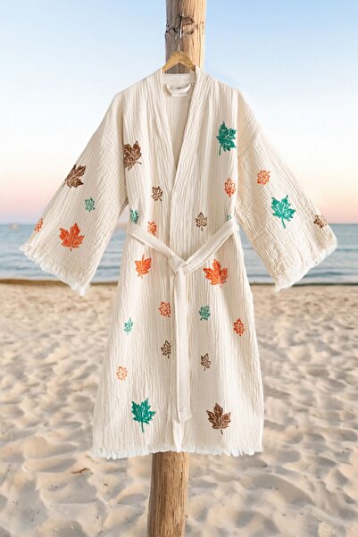 VAROL Organic 100% Cotton Kimono Collar Bathrobe Beach Dress - Autumn