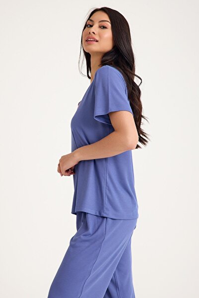 Amarelle Dream Gray Blue Viscose V-Neck Lace Detailed Pajama Set