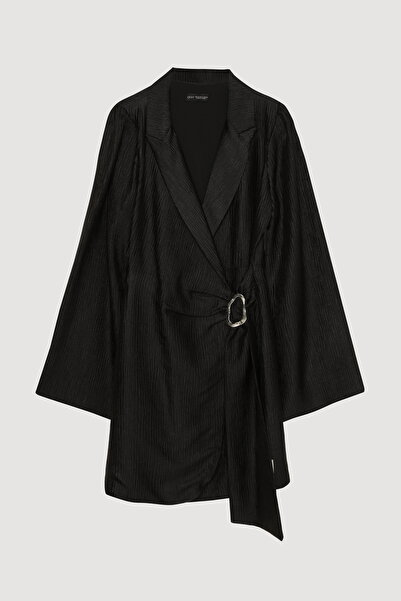 Quzu Kruvaze Bağlamalı Dokulu Mini Elbise Siyah