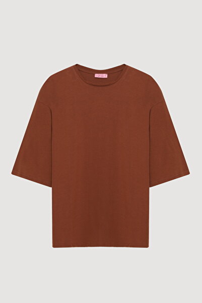 Quzu Μπλουζάκι με μανίκια τριών τετάρτων Basic Oversize καφέ