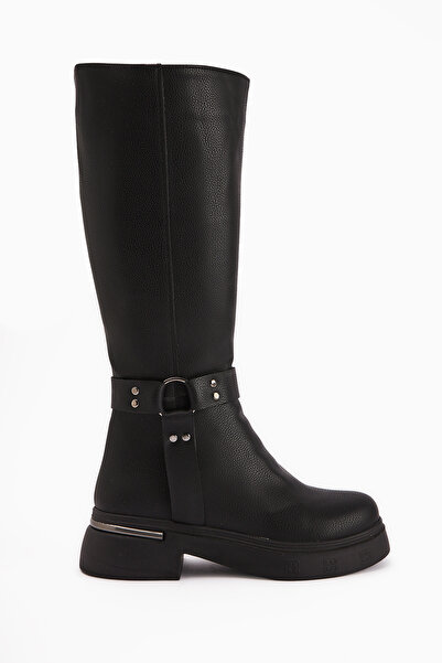 Limoya Lani Siyah Toka Ve Zımba Detaylı Kalın Tabanlı Kadın Çizme