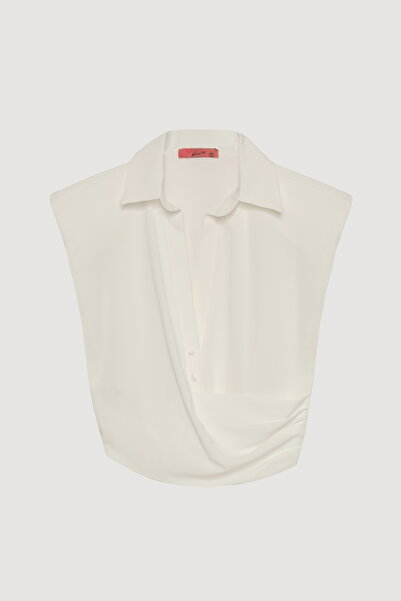 Quzu مزدوجة الصدر مفصلة زرر بلا أكمام بلوزة إكرو