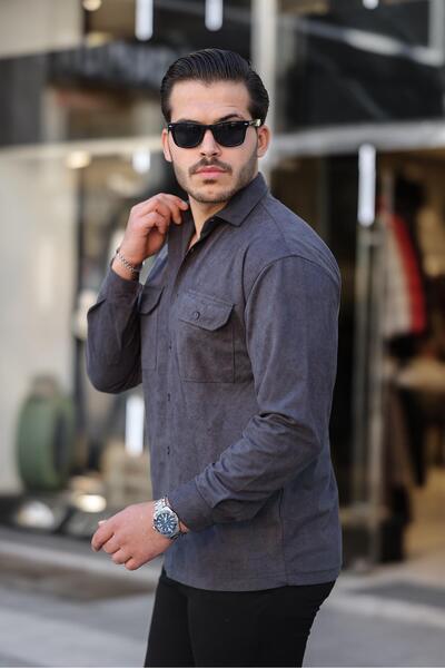 Valiberta Çift Cepli İnce Fitilli Erkek Kadife Gömlek - Füme