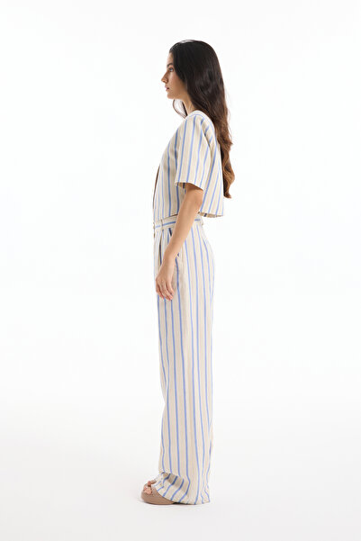 Quzu Single Button Striped Short Sleeve Jacket Ecru