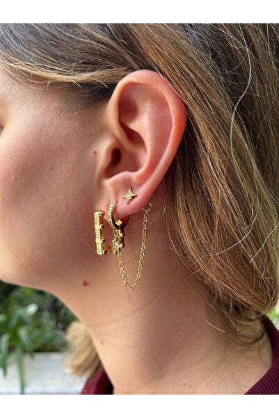 MODA Kadın Çelik Gold Renk Pembe Taşlı Yıldız Serenay Küpe Seti