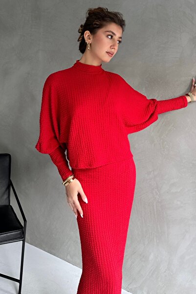 Fav Style Red Women's Set - Half Stand Collar Blouse and Long Skirt with Slit