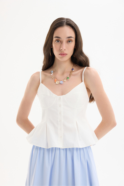 Quzu Buttoned Thin Strap Blouse with Pile Detail Ecru