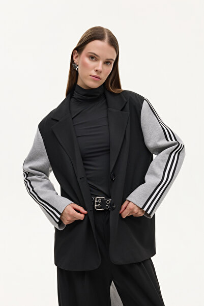 Quzu Şerit Detaylı Garnili Oversize Blazer Ceket Siyah