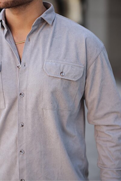 Valiberta Double Pocket Slim Fit Men's Velvet Shirt - Stone