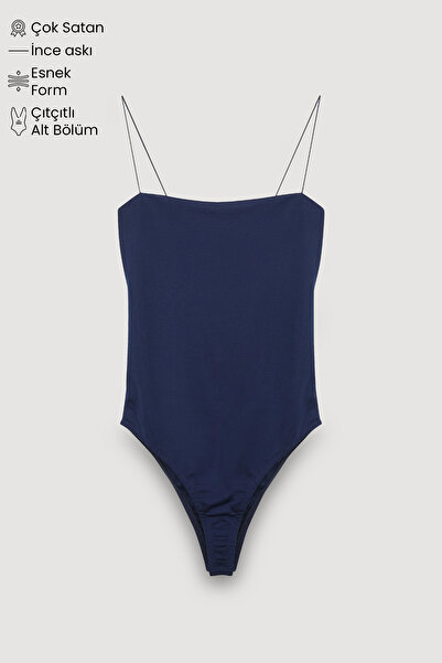 Quzu Navy Blue Thin Strap Snap Bodysuit