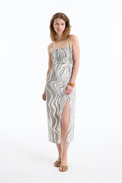 Quzu Beaded Strap Gimped Linen Dress Khaki Slit