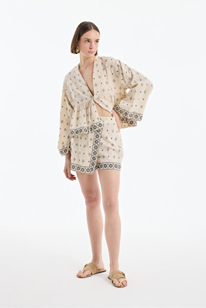 Quzu Etnik Desenli Bordürlü Mini Keten Şort Etek Naturel
