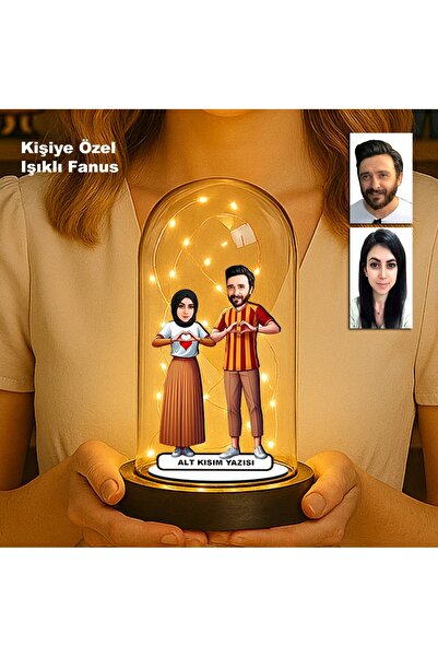MK Sanart Kişiye Özel Sarı Kırmızı Taraftar Çift Fanus | Karikatür Figürlü Iş...