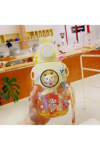Twisoo Cute Rabbit Cartoon Kids Water Bottle with Straw and Adjustable Strap 500ml (Yellow)
