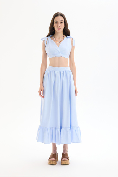 Quzu Bağlama Detaylı Kruvaze Büstiyer Bluz Mavi