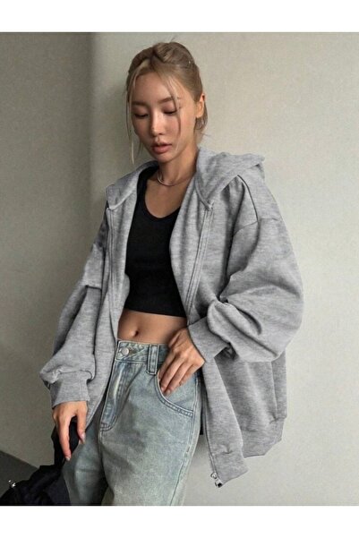 BYMEER Gri Düz Fermuarlı Kapşonlu Sweat Hırka