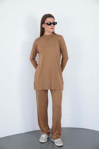 penyebizden Viscose Stand Collar Tunic-Cinnamon