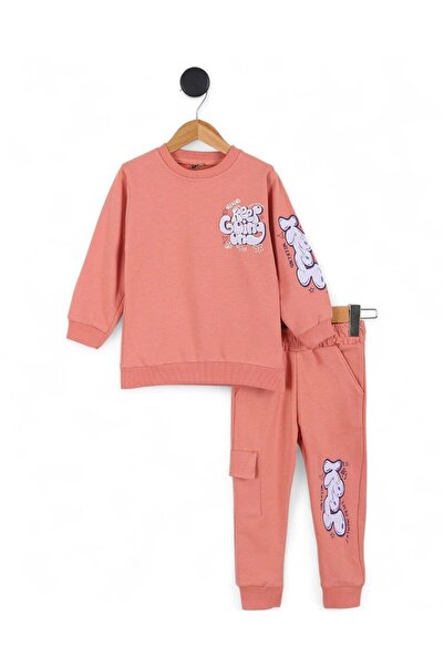 Egelite Girls' Back Printed Sweatshirt and Cargo Pocket Tracksuit Bottoms 6-7-8-9-10 Years Old Tracksuit Set