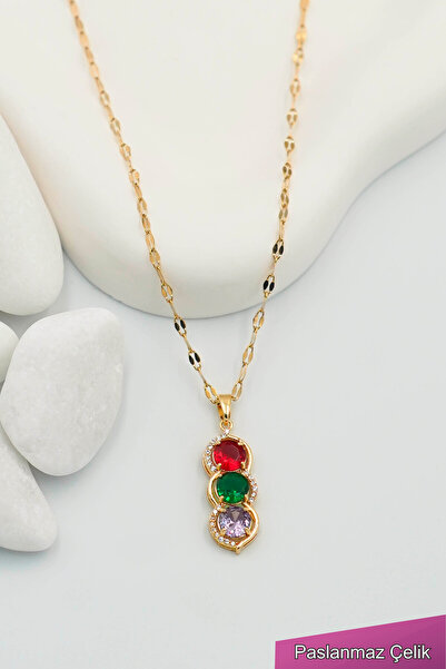 TREND COLLECTİON Paslanmaz Çelik Renkli Zirkon Taşlı Gold Kadın Kolye